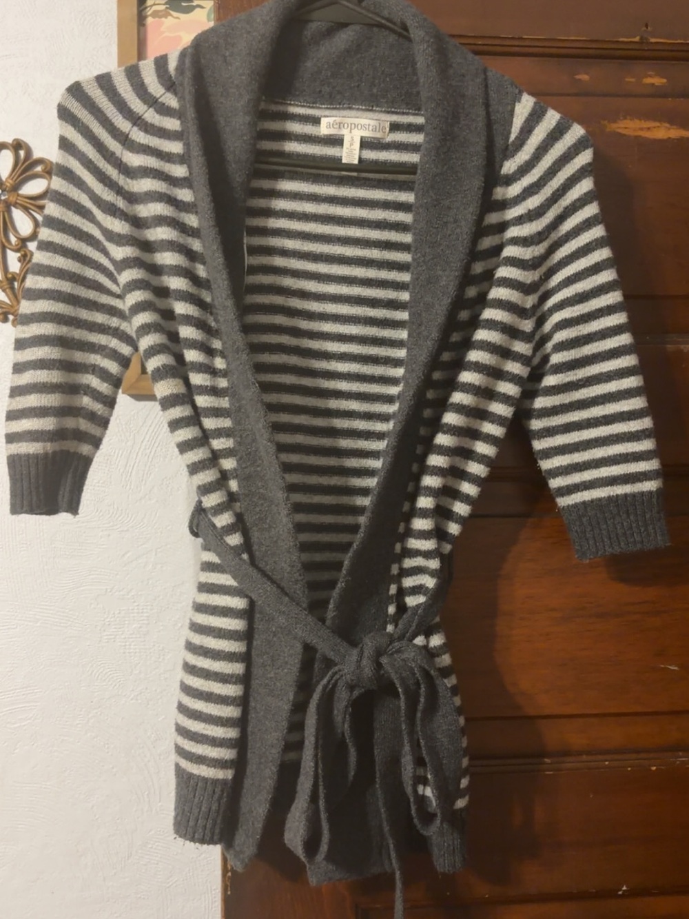 Vintage y2k Aeropostale Gray & white Striped Belted Cardigan Sweater